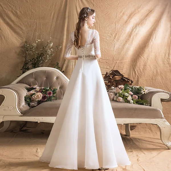 Modern / Fashion Ivory Chiffon Outdoor / Garden Wedding Dresses 2019 A-Line / Princess See-through Scoop Neck 1/2 Sleeves Backless Rhinestone Sash Floor-Length / Long Ruffle