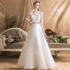Modern / Fashion Ivory Chiffon Outdoor / Garden Wedding Dresses 2019 A-Line / Princess See-through Scoop Neck 1/2 Sleeves Backless Rhinestone Sash Floor-Length / Long Ruffle