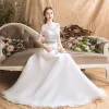 Modern / Fashion Ivory Chiffon Outdoor / Garden Wedding Dresses 2019 A-Line / Princess See-through Scoop Neck 1/2 Sleeves Backless Rhinestone Sash Floor-Length / Long Ruffle