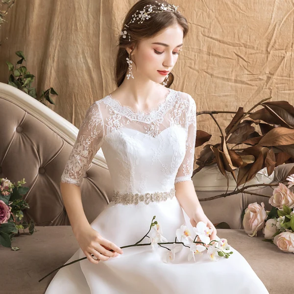 Modern / Fashion Ivory Chiffon Outdoor / Garden Wedding Dresses 2019 A-Line / Princess See-through Scoop Neck 1/2 Sleeves Backless Rhinestone Sash Floor-Length / Long Ruffle