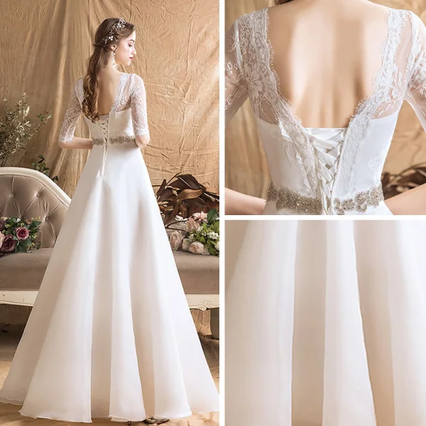 Modern / Fashion Ivory Chiffon Outdoor / Garden Wedding Dresses 2019 A-Line / Princess See-through Scoop Neck 1/2 Sleeves Backless Rhinestone Sash Floor-Length / Long Ruffle