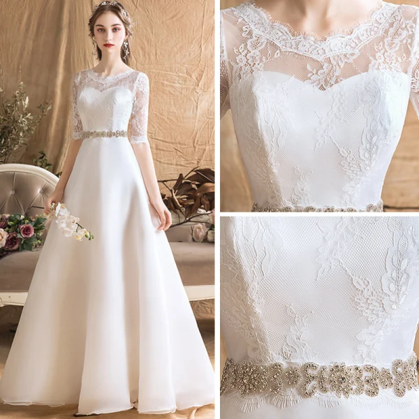Modern / Fashion Ivory Chiffon Outdoor / Garden Wedding Dresses 2019 A-Line / Princess See-through Scoop Neck 1/2 Sleeves Backless Rhinestone Sash Floor-Length / Long Ruffle
