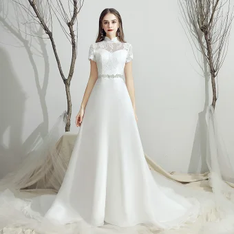 Classic White Chiffon Outdoor Garden Wedding Dresses 2019 A Line Princess See Through High Neck Short Sleeve Backless Rhinestone Sash Sweep Train Ruffle