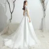 Classic White Chiffon Outdoor / Garden Wedding Dresses 2019 A-Line / Princess See-through High Neck Short Sleeve Backless Rhinestone Sash Sweep Train Ruffle