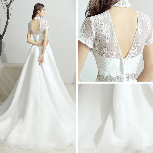 Classique Blanche Chiffon Jardin / Extérieur Robe De Mariée 2019 Princesse Transparentes Col Haut Manches Courtes Dos Nu Faux Diamant Ceinture Train De Balayage Volants