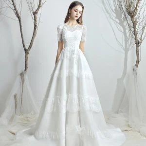 Classy White Chiffon Outdoor Garden Wedding Dresses 2019 A Line Princess Scoop Neck Short Sleeve Backless Appliques Lace Sweep Train Ruffle