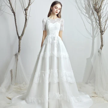 Classy White Chiffon Outdoor Garden Wedding Dresses 2019 A Line Princess Scoop Neck Short Sleeve Backless Appliques Lace Sweep Train Ruffle