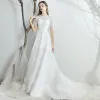 Classy White Chiffon Outdoor / Garden Wedding Dresses 2019 A-Line / Princess Scoop Neck Short Sleeve Backless Appliques Lace Sweep Train Ruffle