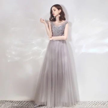Elegant Grey Evening Dresses 2019 A Line Princess Square Neckline Sleeveless Rhinestone Sequins Bow Sash Floor Length Long Ruffle Backless Formal Dresses