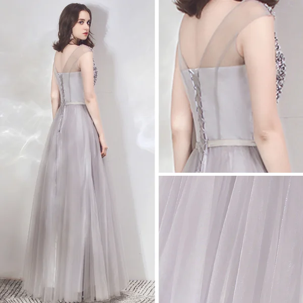 Elegante Grau Abendkleider 2019 A Linie Eckiger Ausschnitt Ärmellos Strass Pailletten Schleife Stoffgürtel Lange Rüschen Rückenfreies Festliche Kleider