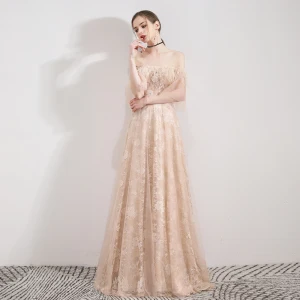 Élégant Champagne Robe De Soirée 2019 Princesse De L 039 Épaule Manches De Cloche Plumes Perlage Perle Train De Balayage Volants Dos Nu Robe De Ceremonie