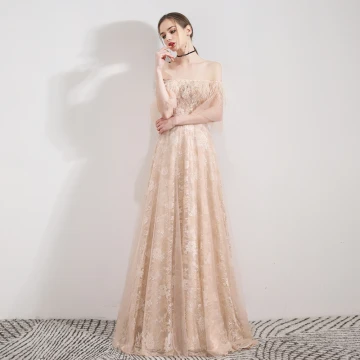 Elegant Champagne Evening Dresses 2019 A Line Princess Off The Shoulder Bell Sleeves Feather Beading Pearl Sweep Train Ruffle Backless Formal Dresses