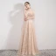 Élégant Champagne Robe De Soirée 2019 Princesse De l'épaule Manches de cloche Plumes Perlage Perle Train De Balayage Volants Dos Nu Robe De Ceremonie