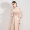 Elegant Champagne Evening Dresses  2019 A-Line / Princess Off-The-Shoulder Bell sleeves Feather Beading Pearl Sweep Train Ruffle Backless Formal Dresses