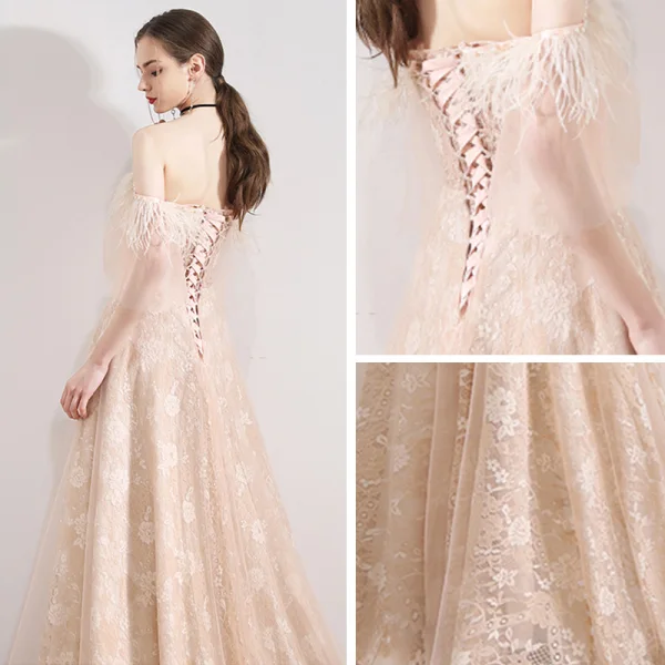 Élégant Champagne Robe De Soirée 2019 Princesse De l'épaule Manches de cloche Plumes Perlage Perle Train De Balayage Volants Dos Nu Robe De Ceremonie