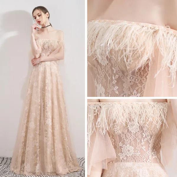 Élégant Champagne Robe De Soirée 2019 Princesse De l'épaule Manches de cloche Plumes Perlage Perle Train De Balayage Volants Dos Nu Robe De Ceremonie