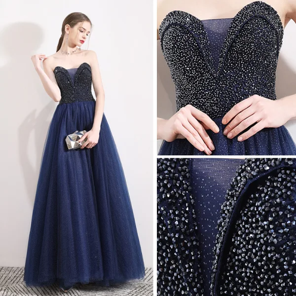 Luksus Mørk Marineblå Ballkjoler 2019 Prinsesse Kjæreste Uten Ermer Beading Glitter Tyll Lange Buste Ryggløse Formelle Kjoler