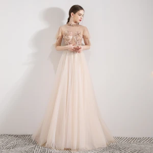 Vintage Originale Champagne Transparentes Robe De Soirée 2019 Princesse Col Haut 1 2 Manches Appliques Fleur Perlage Longue Volants Robe De Ceremonie