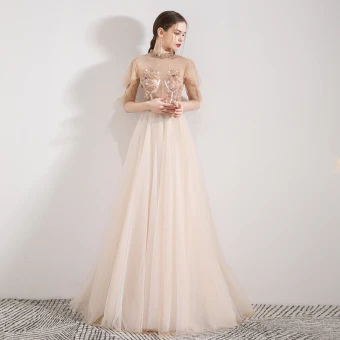 Vintage Originale Champagne Transparentes Robe De Soirée 2019 Princesse Col Haut 1 2 Manches Appliques Fleur Perlage Longue Volants Robe De Ceremonie