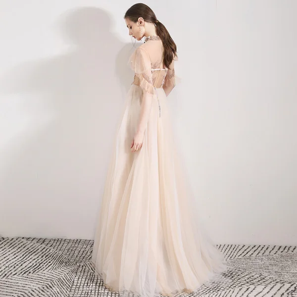 Vintage / Retro Champagne See-through Evening Dresses  2019 A-Line / Princess High Neck 1/2 Sleeves Appliques Flower Beading Floor-Length / Long Ruffle Formal Dresses