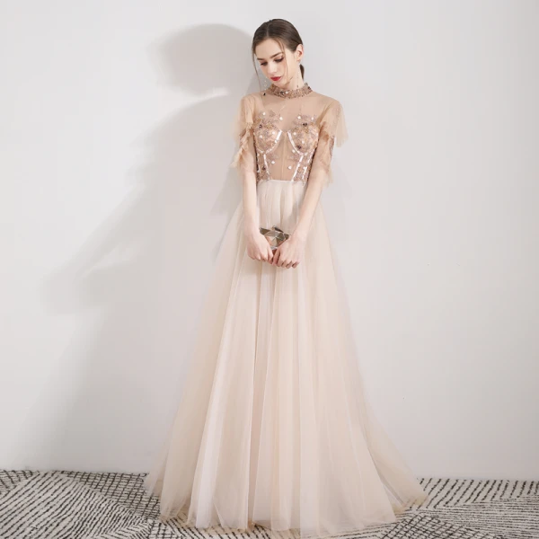 Vintage / Retro Champagne See-through Evening Dresses  2019 A-Line / Princess High Neck 1/2 Sleeves Appliques Flower Beading Floor-Length / Long Ruffle Formal Dresses