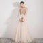 Vintage / Retro Champagne See-through Evening Dresses  2019 A-Line / Princess High Neck 1/2 Sleeves Appliques Flower Beading Floor-Length / Long Ruffle Formal Dresses