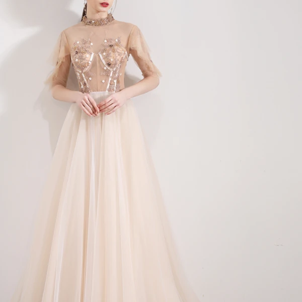 Vintage / Retro Champagne See-through Evening Dresses  2019 A-Line / Princess High Neck 1/2 Sleeves Appliques Flower Beading Floor-Length / Long Ruffle Formal Dresses