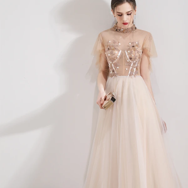 Vintage / Retro Champagne See-through Evening Dresses  2019 A-Line / Princess High Neck 1/2 Sleeves Appliques Flower Beading Floor-Length / Long Ruffle Formal Dresses