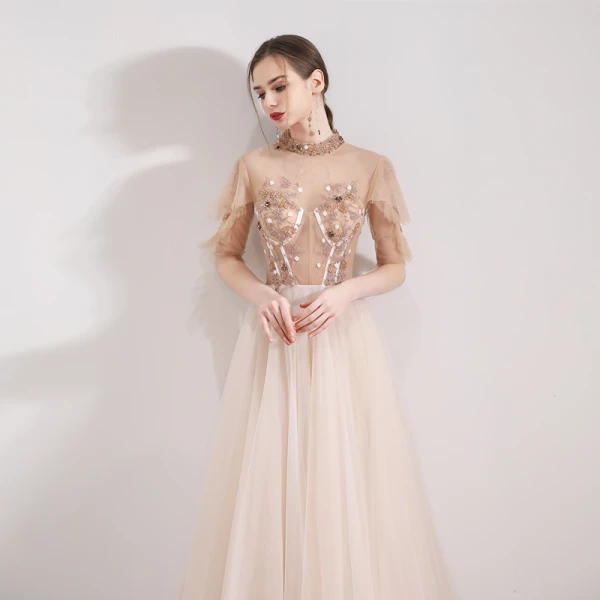Vintage / Retro Champagne See-through Evening Dresses  2019 A-Line / Princess High Neck 1/2 Sleeves Appliques Flower Beading Floor-Length / Long Ruffle Formal Dresses