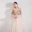 Vintage / Retro Champagne See-through Evening Dresses  2019 A-Line / Princess High Neck 1/2 Sleeves Appliques Flower Beading Floor-Length / Long Ruffle Formal Dresses