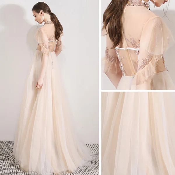 Vintage / Retro Champagne See-through Evening Dresses  2019 A-Line / Princess High Neck 1/2 Sleeves Appliques Flower Beading Floor-Length / Long Ruffle Formal Dresses