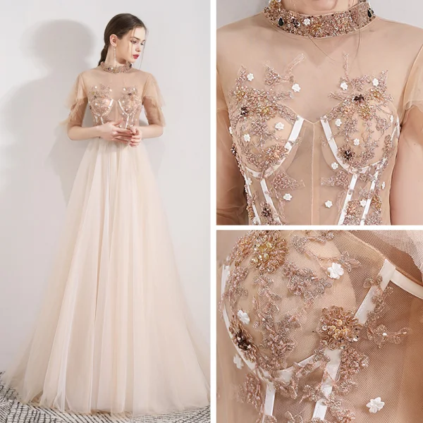 Vintage / Retro Champagne See-through Evening Dresses  2019 A-Line / Princess High Neck 1/2 Sleeves Appliques Flower Beading Floor-Length / Long Ruffle Formal Dresses