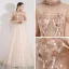 Vintage / Retro Champagne See-through Evening Dresses  2019 A-Line / Princess High Neck 1/2 Sleeves Appliques Flower Beading Floor-Length / Long Ruffle Formal Dresses