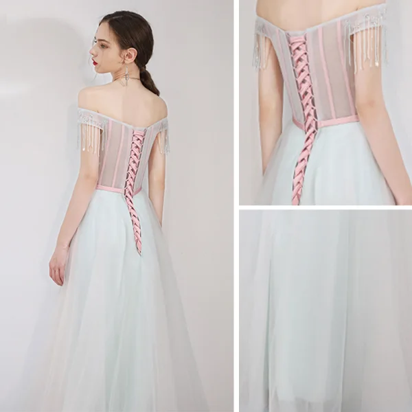Élégant Bleu Ciel Robe De Soirée 2019 Princesse De l'épaule Manches Courtes Perlage Gland Appliques Fleur Faux Diamant Ceinture Longue Volants Dos Nu Robe De Ceremonie