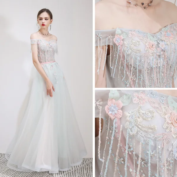Élégant Bleu Ciel Robe De Soirée 2019 Princesse De l'épaule Manches Courtes Perlage Gland Appliques Fleur Faux Diamant Ceinture Longue Volants Dos Nu Robe De Ceremonie