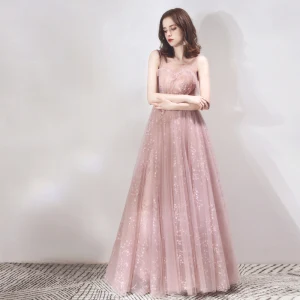 Classy Pearl Pink See Through Evening Dresses 2019 A Line Princess Scoop Neck Sleeveless Appliques Lace Beading Glitter Sequins Floor Length Long Ruffle Backless Formal Dresses