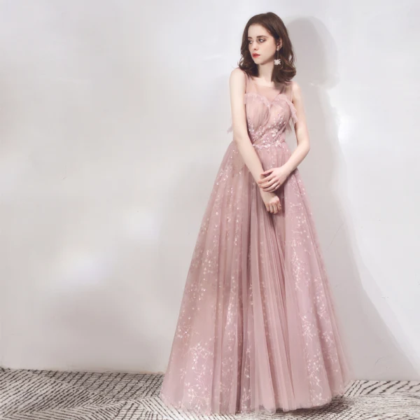 Chic Perle Rose Transparentes Robe De Soirée 2019 Princesse Encolure Dégagée Sans Manches Appliques En Dentelle Perlage Glitter Paillettes Longue Volants Dos Nu Robe De Ceremonie