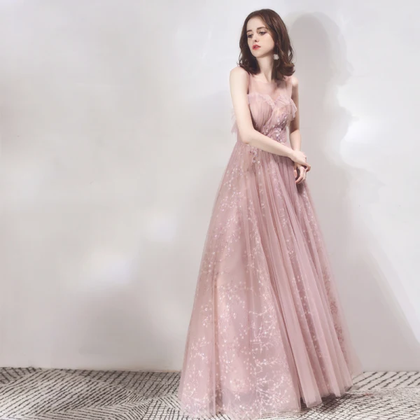 Chic Perle Rose Transparentes Robe De Soirée 2019 Princesse Encolure Dégagée Sans Manches Appliques En Dentelle Perlage Glitter Paillettes Longue Volants Dos Nu Robe De Ceremonie