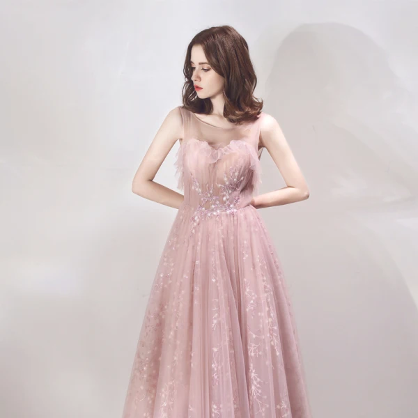 Chic Perle Rose Transparentes Robe De Soirée 2019 Princesse Encolure Dégagée Sans Manches Appliques En Dentelle Perlage Glitter Paillettes Longue Volants Dos Nu Robe De Ceremonie