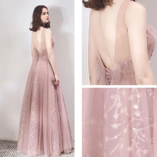 Chic Perle Rose Transparentes Robe De Soirée 2019 Princesse Encolure Dégagée Sans Manches Appliques En Dentelle Perlage Glitter Paillettes Longue Volants Dos Nu Robe De Ceremonie