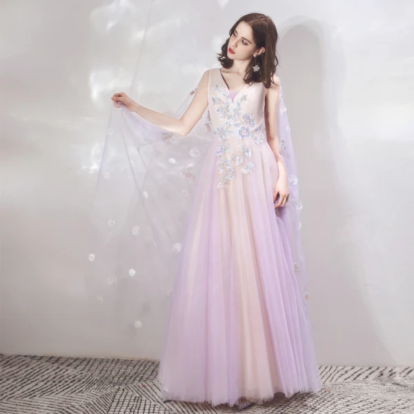 Two Tone Lavender Champagne Evening Dresses With Shawl 2019 A-Line /  Princess V-Neck Sleeveless Appliques