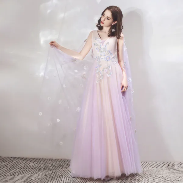 Two Tone Lavender Champagne Evening Dresses  With Shawl 2019 A-Line / Princess V-Neck Sleeveless Appliques Flower Beading Floor-Length / Long Ruffle Backless Formal Dresses