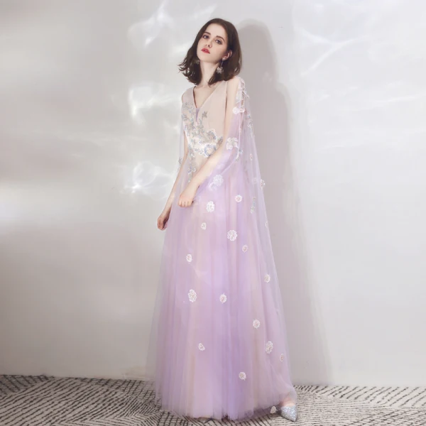 Two Tone Lavender Champagne Evening Dresses  With Shawl 2019 A-Line / Princess V-Neck Sleeveless Appliques Flower Beading Floor-Length / Long Ruffle Backless Formal Dresses