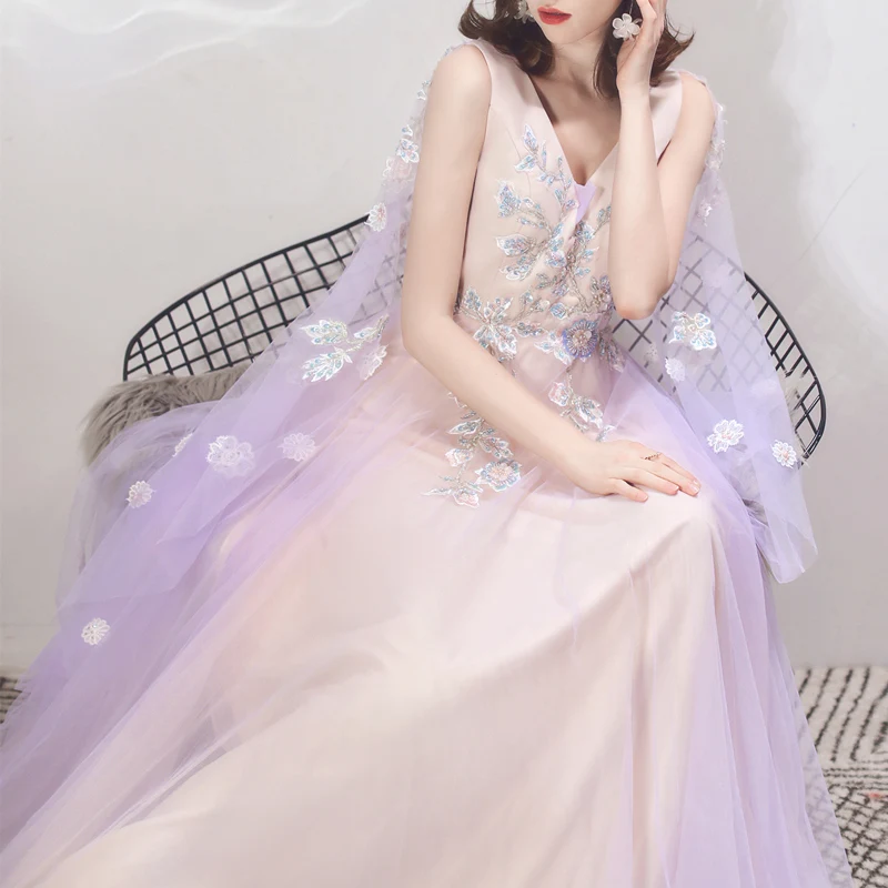 Two Tone Lavender Champagne Evening Dresses With Shawl 2019 A-Line / Princess V-Neck Sleeveless Appliques Flower Beading Floor-Length / Long Ruffle