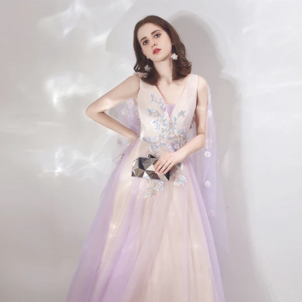 Two Tone Lavender Champagne Evening Dresses  With Shawl 2019 A-Line / Princess V-Neck Sleeveless Appliques Flower Beading Floor-Length / Long Ruffle Backless Formal Dresses
