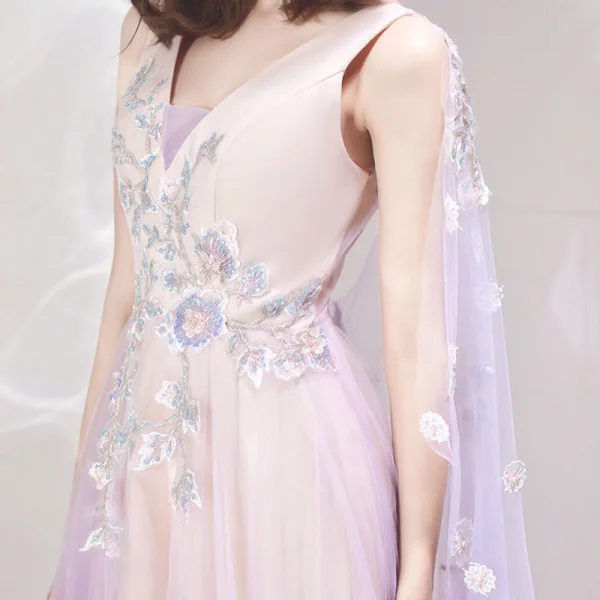 Two Tone Lavender Champagne Evening Dresses  With Shawl 2019 A-Line / Princess V-Neck Sleeveless Appliques Flower Beading Floor-Length / Long Ruffle Backless Formal Dresses