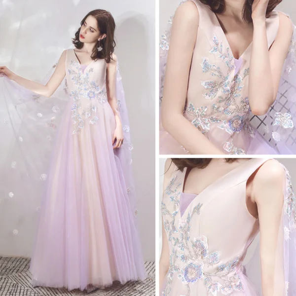 Two Tone Lavender Champagne Evening Dresses  With Shawl 2019 A-Line / Princess V-Neck Sleeveless Appliques Flower Beading Floor-Length / Long Ruffle Backless Formal Dresses