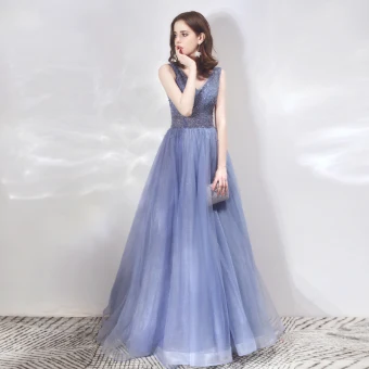 Luxe Bleu Roi Robe De Soirée 2019 Princesse V Cou Sans Manches Perlage Glitter Tulle Longue Volants Dos Nu Robe De Ceremonie