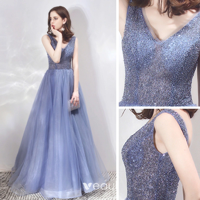 Luxe Bleu Roi Robe De Soiree 2019 Princesse V Cou Sans Manches Perlage Glitter Tulle Longue