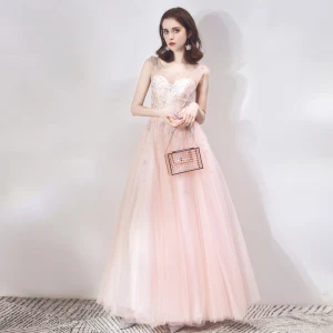 Chic Belle Transparentes Perle Rose Robe De Soirée 2019 Princesse Encolure Dégagée Sans Manches Étoile Perlage Faux Diamant Longue Volants Dos Nu Robe De Ceremonie